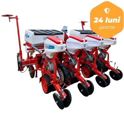 Semanatoare pneumatica pentru porumb si plante prasitoare, cadru fix, Bufer 4 randuri cu dublu disc la semanat si fertilizare, buncar de fertilizare de inox 2*200 litri si calculator DMS08